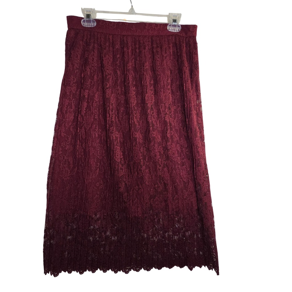 Zara NWOT Burgundy Lace Midi Skirt Pleated Zip Closures SzL Sexy Femenine Party